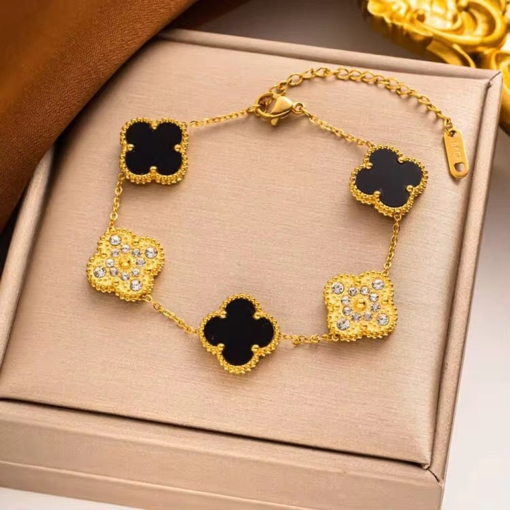 18k Gold Plated Stainless Steel Clover Quatrefoil Chain Bracelet, Black , Gold